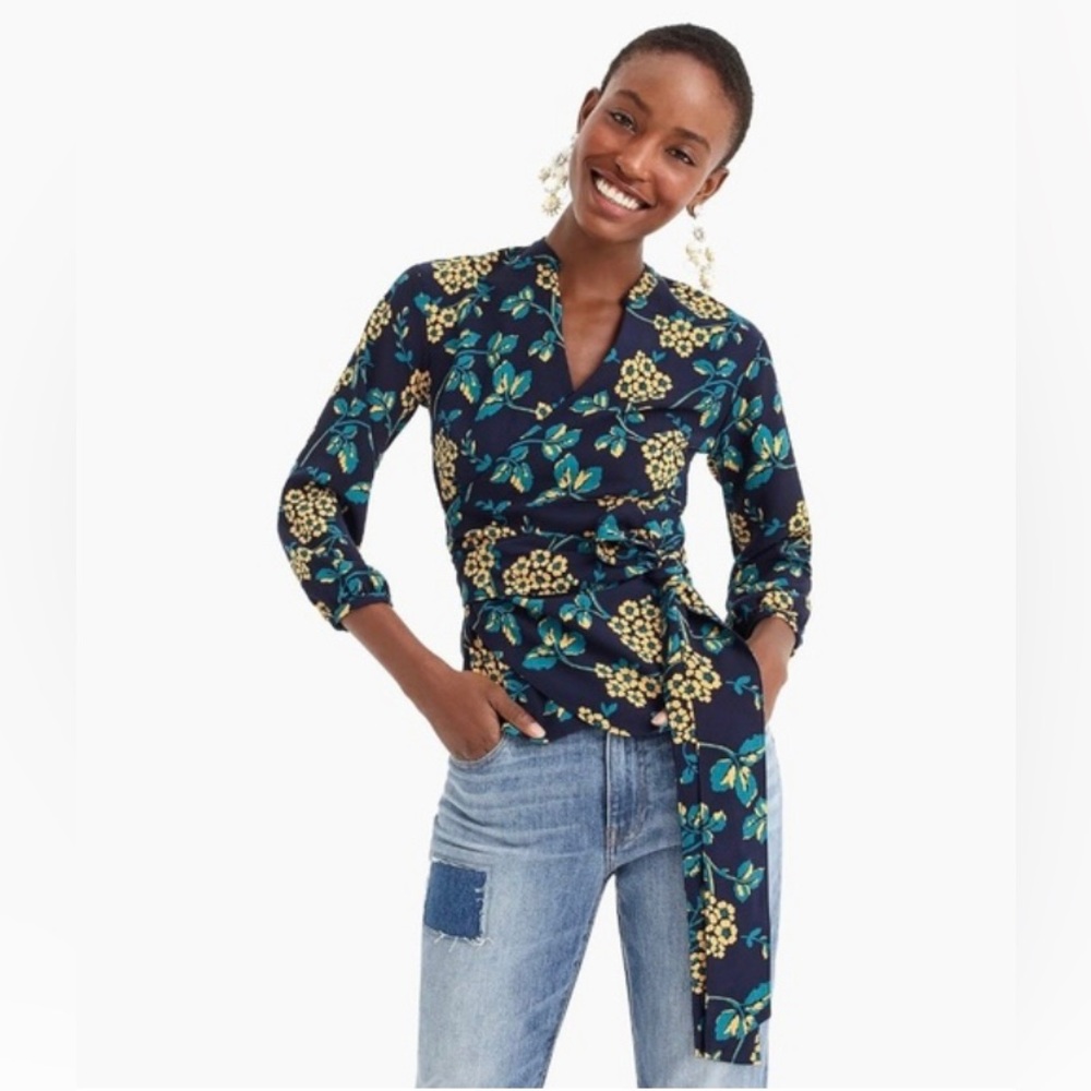 J. Crew Navy Floral Wrap Blouse, Sz XS